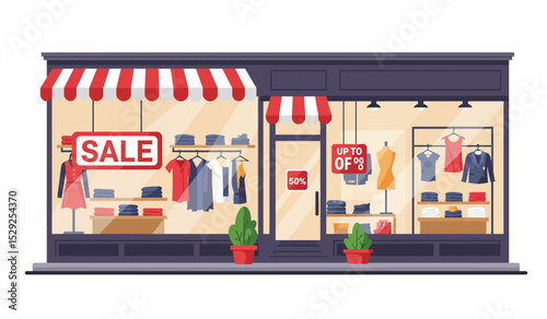 Offline shop building exterior, payment in store. Business commerce. Small shop in house. Vector flat illustration