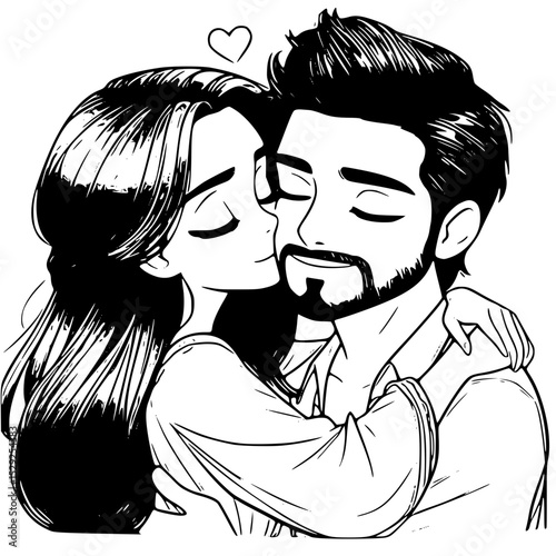 Vector art of loving embrace of a couple, a tender kiss on the cheek, isolated on transparent background vector silhouette