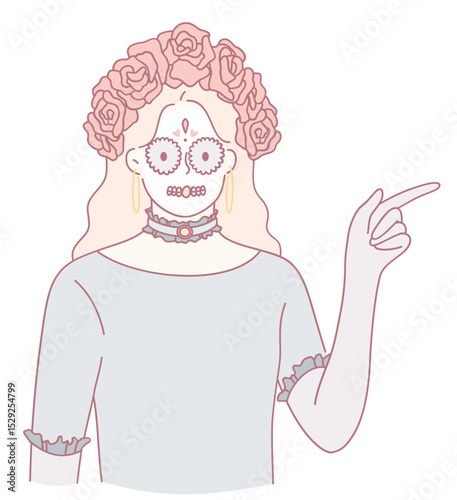 A whimsical character with a skull face, flowers, and an elegant outfit, embodying Dia de los Muertos.