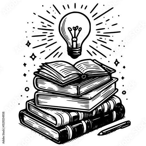 Vector art of illuminating knowledge a bright idea shines above a stack of books and a pen, isolated on transparent background vector silhouette