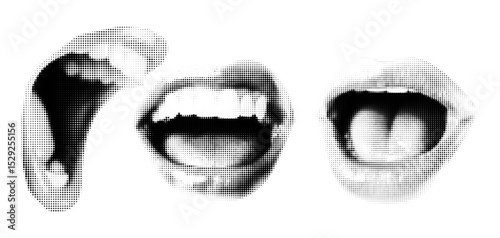 Halftone stipple mouth in scream, mouth smiling, open mouth. Grunge punk aesthetic with retro texture. Vector illustration isolated on transparent background.