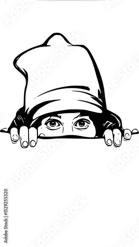 Vector art of a mischievous gnome peers over the edge, his eyes wide with curiosity, isolated on transparent background vector silhouette