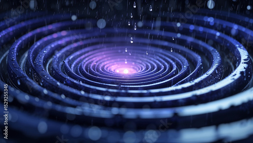 Abstract spiral with raindrops and glowing center representing energy and fluidity