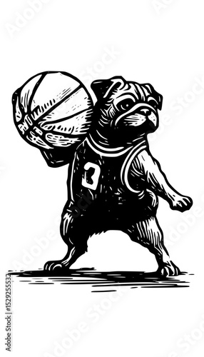 Vector art of determined pug in basketball jersey dribbling the ball, isolated on transparent background vector silhouette