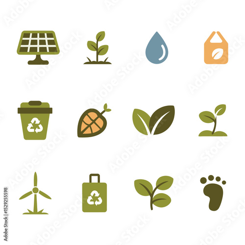 Eco-friendly flat icon set with symbols of sustainability including plants, recycling, solar power, and renewable energy
