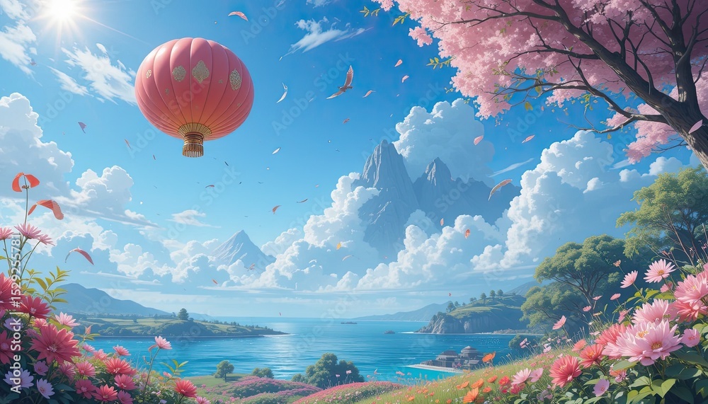 Fototapeta premium Serene landscape with pink hot air balloon and blossoming flowers