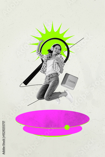 Vertical 3d poster art collage of happy businessman businesswoman stand magnifier lens zoom vacancy search qwerty buttons