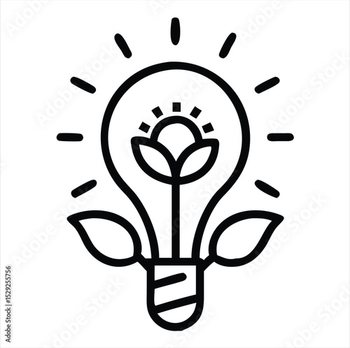 Light bulb with flower inside and leaves isolated on white background