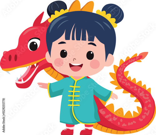 kawaii child chinese cute with cute red dragon chinese lunar new year