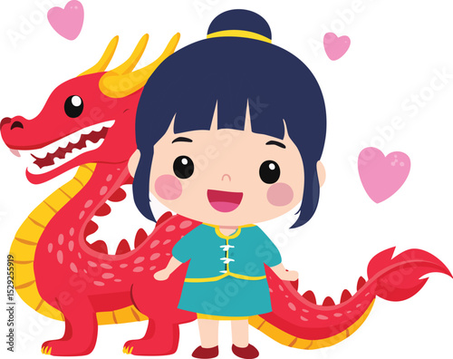 kawaii child chinese cute with cute red dragon chinese lunar new year