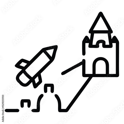 Missile attacking sandcastle line art icon isolated on white background