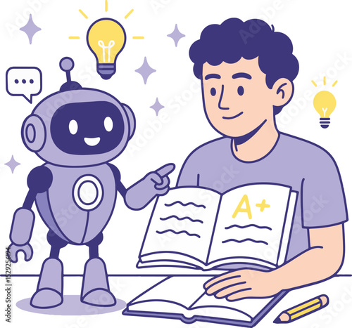 Education Concept: Boy and Robot Studying Together, Vector Illustration.