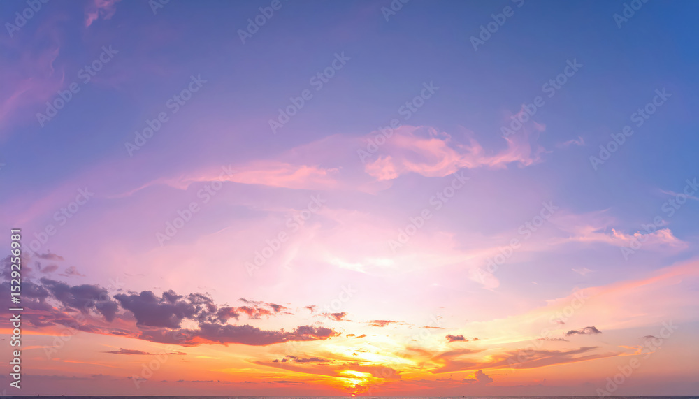 Fototapeta premium Panoramic photo, view of a pink and purple sky at sunset. Sky panorama background, header and web banner