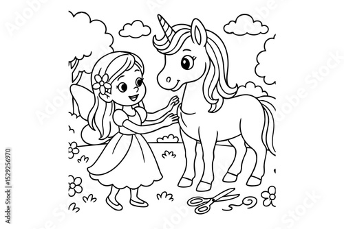 Hand drawn coloring book illustration for kids, cute animal, unicorn, fairy, mermaid