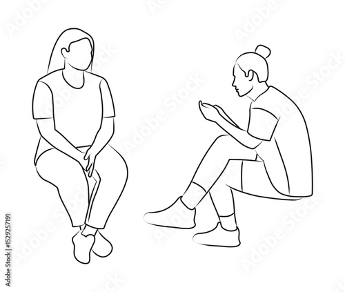 Work of a psychologist and a client with gadget addiction, sketch of seated female silhouettes