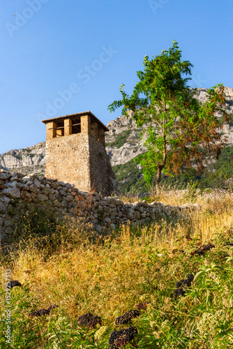 Medieval, stony tower of the  Skanderbeg Castle and fortress. Kruje, Albania