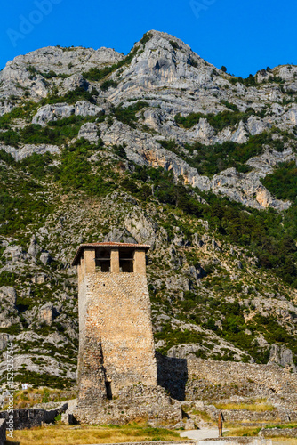  Medieval, stony tower of the  Skanderbeg Castle and fortress. Kruje, Albania