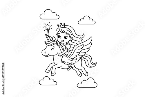 Hand drawn coloring book illustration for kids, cute animal, unicorn, fairy, mermaid