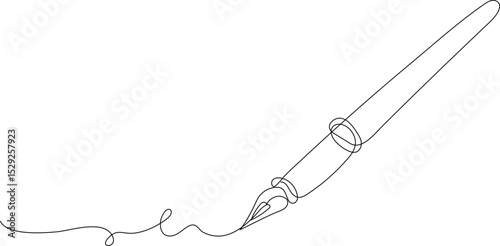 Continuous one line drawing of a fountain pen writing on paper. Minimalist sketch concept representing creativity, education, and handwriting.