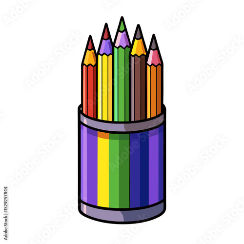 Colorful pencils in a striped container