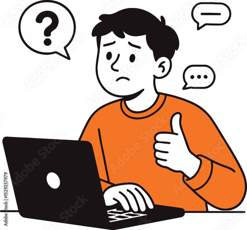 Question Mark Vector Illustration. Man with Laptop and Doubtful Expressions.