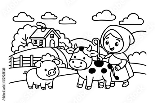 Hand drawn coloring book illustration for kids, cute animal, unicorn, fairy, mermaid