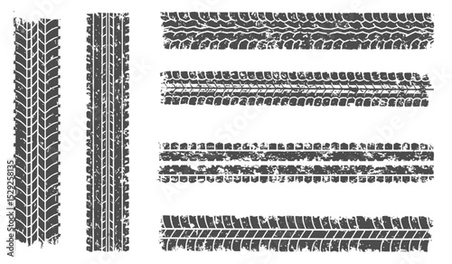 Tire tracks, a set of vectors of tread tracks. A frame made of tracks from a truck, a car with a grunge effect.