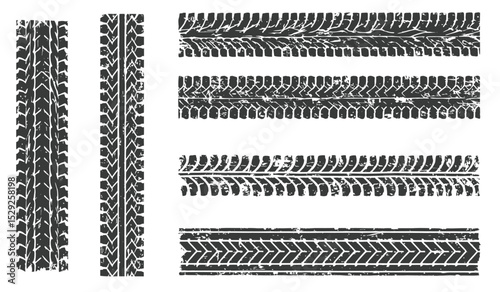Tire tracks, a set of vectors of tread tracks. A frame made of tracks from a truck, a car with a grunge effect.