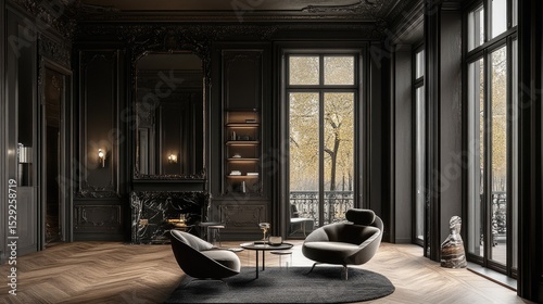 Room featuring modern furniture over classic wooden flooring and full light from large windows