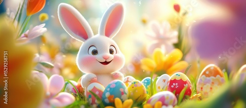 Joyful cartoon Easter bunny surrounded by colorful eggs and blooming flowers. Bright spring illustration perfect for children’s products, seasonal ads, cards, and holiday marketing. Copy space