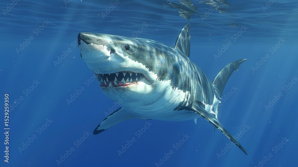 Naklejka premium A stunning close-up of a great white shark gliding gracefully through the deep blue ocean waters, showcasing its powerful physique and sharp teeth perfectly.