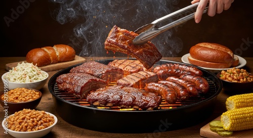 Delicious BBQ Ribs Sausages and Sides on a Grill Summer Food Feast
