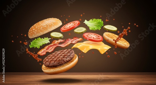 Delicious Burger Ingredients in Mid Air Levitation Food Photography Fast Food