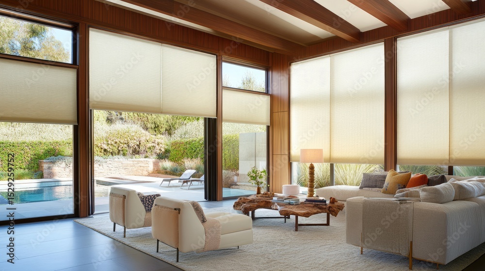 Fototapeta premium Soft, inviting living room with swing glass doors and modern blinds for controlling sunlight