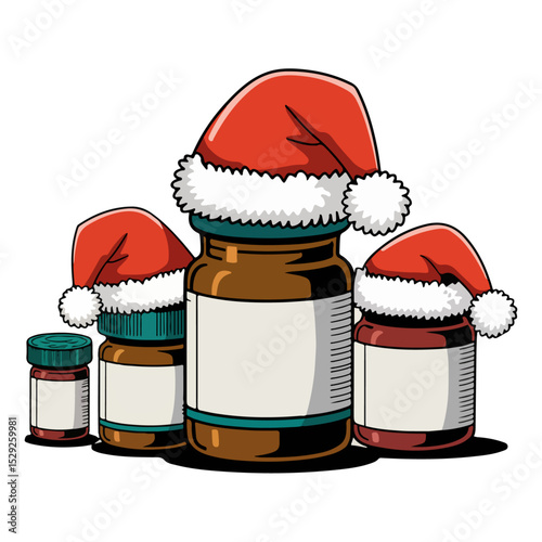 Three medication bottles wear santa hats