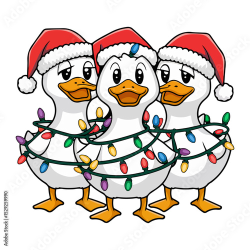 Three cute cartoon ducks wear santa hats and are tangled in christmas lights, isolated on white background