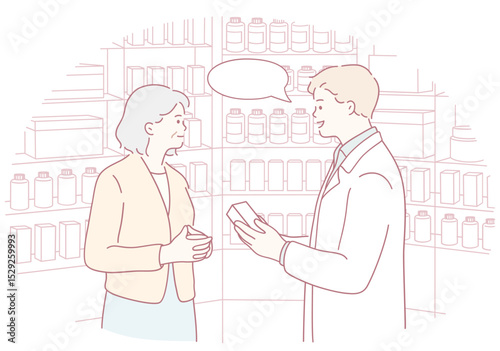 A knowledgeable pharmacist assists a customer in navigating various medication options in a welcoming pharmacy setting
