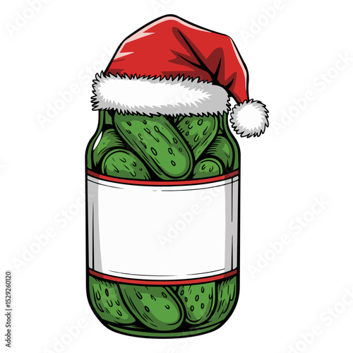 A jar of pickles wears a Santa hat