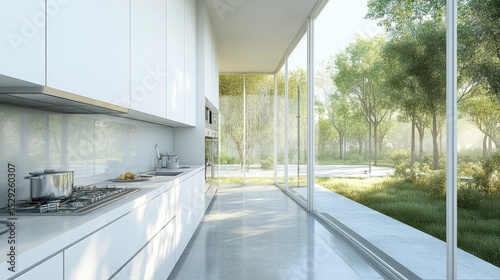White kitchen with hanging cabinets, long countertops, and tall glass windows for natural light