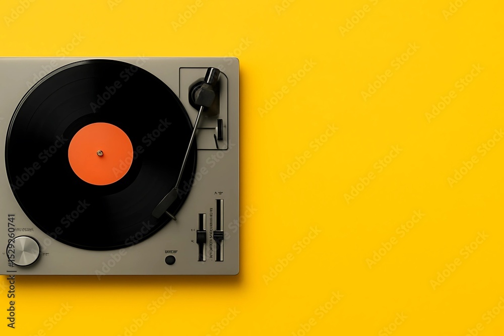 Obraz premium Retro Gray Turntable with Orange Label Vinyl on Bright Yellow Background - Classic Analog Music Player - Vibrant Design Element and Copy Space