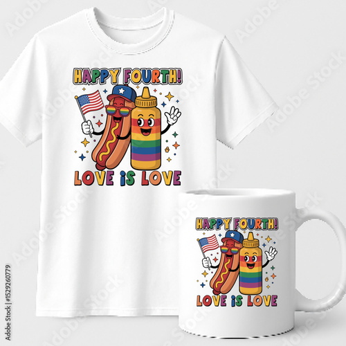 Happy fourth hotdog and ketchup bottle design on a tshirt and mug