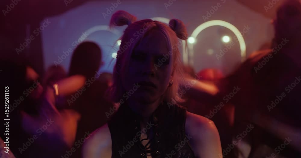 Portrait of a Tired Female Partygoer Standing Still Amid the Chaos of a Club. Timelapse Footage of People Dancing Behind Her. Her Expression is Sad, Disconnected From the Celebration Around Her
