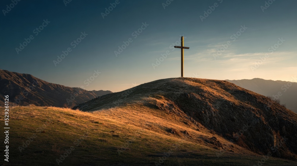Obraz premium A lone Easter cross stands tall on a hill, its shadow stretching out behind it as it basks in the warm, golden light of the rising sun.