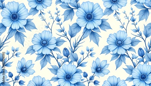 Wallpaper Mural Classic Botanical Seamless Pattern Featuring Blue Flowers and Delicate Foliage for Wallpapers, Wrapping Papers, Textile Prints, and Digital Backdrops Torontodigital.ca