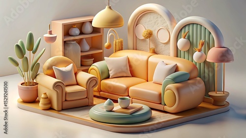 Cartoon living room scene with sofa and armchair isolated on white background