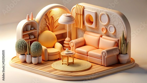 Cozy minimalist living room scene 3d render isolated on white background