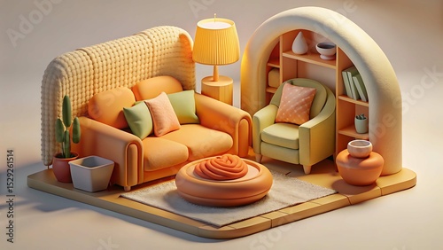 Cozy minimalist living room scene 3d render isolated on white background
