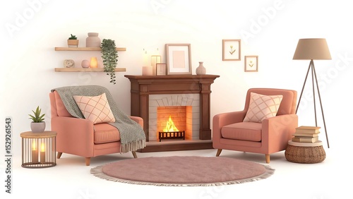 Cozy living room with fireplace and peach armchairs isolated on white background