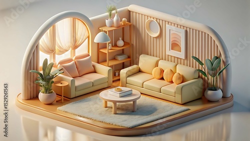 Minimalist living room scene 3d render isolated on white background