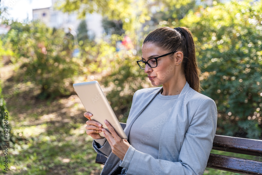 Obraz premium Young businesswoman sitting at park working on digital tablet, professional occupation worker, out of office building crowd concentrated and focused on business. Finance and economy expert teleworking